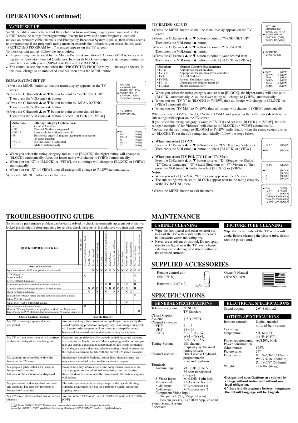 Specifications, Operations (continued), General specifications | Electrical specifications, Other specifications, Cabinet cleaning, Picture tube cleaning, V-chip set up | Sylvania 6427FE User Manual | Page 4 / 8
