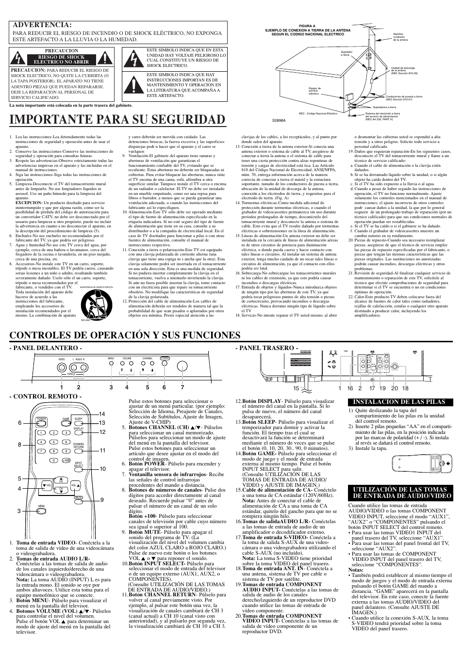 Importante para su seguridad, Controles de operación y sus funciones, Advertencia | Control remoto, Utilización de las tomas de entrada de audio/video, Instalacion de las pilas, Panel delantero - - panel trasero | Sylvania 6427FE User Manual | Page 6 / 8