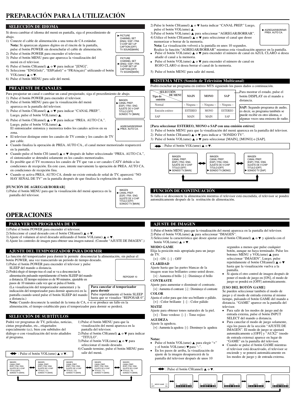 Operaciones, Preparación para la utilización, Selección de idioma | Preajuste de canales, Para ver un programa de tv, Ajuste del temporizador para dormir, Función de continuación, Sistema mts (sonido de televisión multicanal), Selección de subtítulos, Ajuste de imagen | Sylvania 6427FE User Manual | Page 7 / 8
