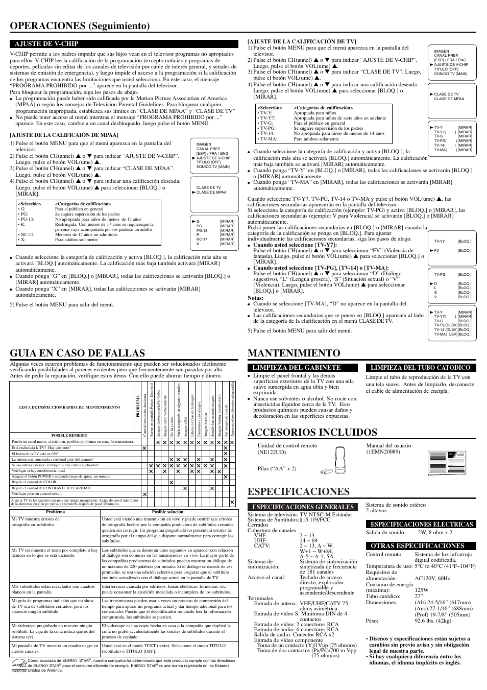 Especificaciones, Operaciones (seguimiento), Especificaciones generales | Especificaciones electricas, Otras especificaciones, Limpieza del gabinete, Limpieza del tubo catodico, Ajuste de v-chip | Sylvania 6427FE User Manual | Page 8 / 8
