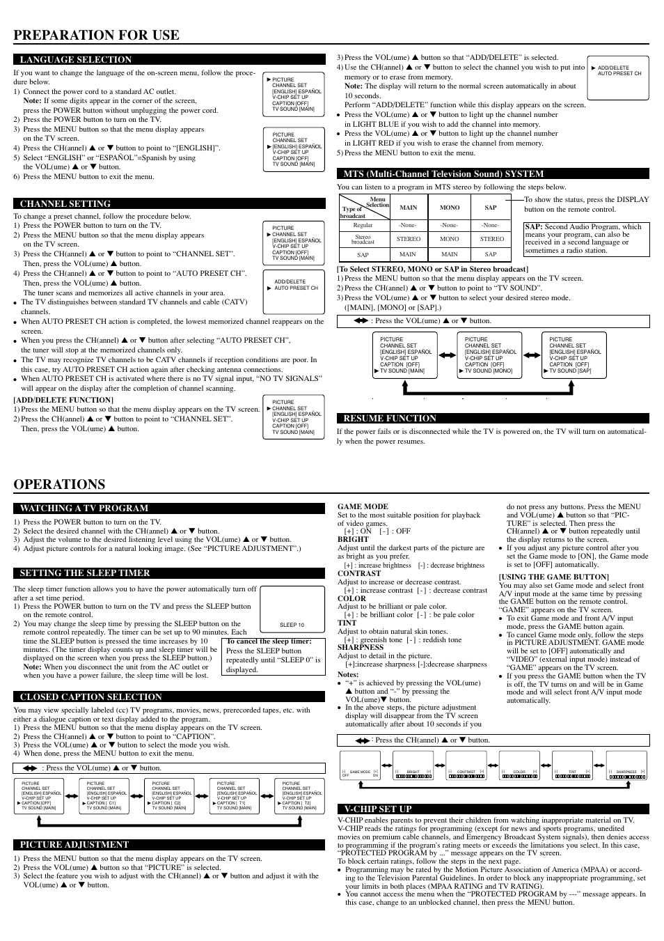 Preparation for use, Operations, Watching a tv program | Setting the sleep timer, Closed caption selection, Picture adjustment, Language selection, Channel setting, Mts (multi-channel television sound) system, Resume function | Sylvania 6427TEL User Manual | Page 3 / 8