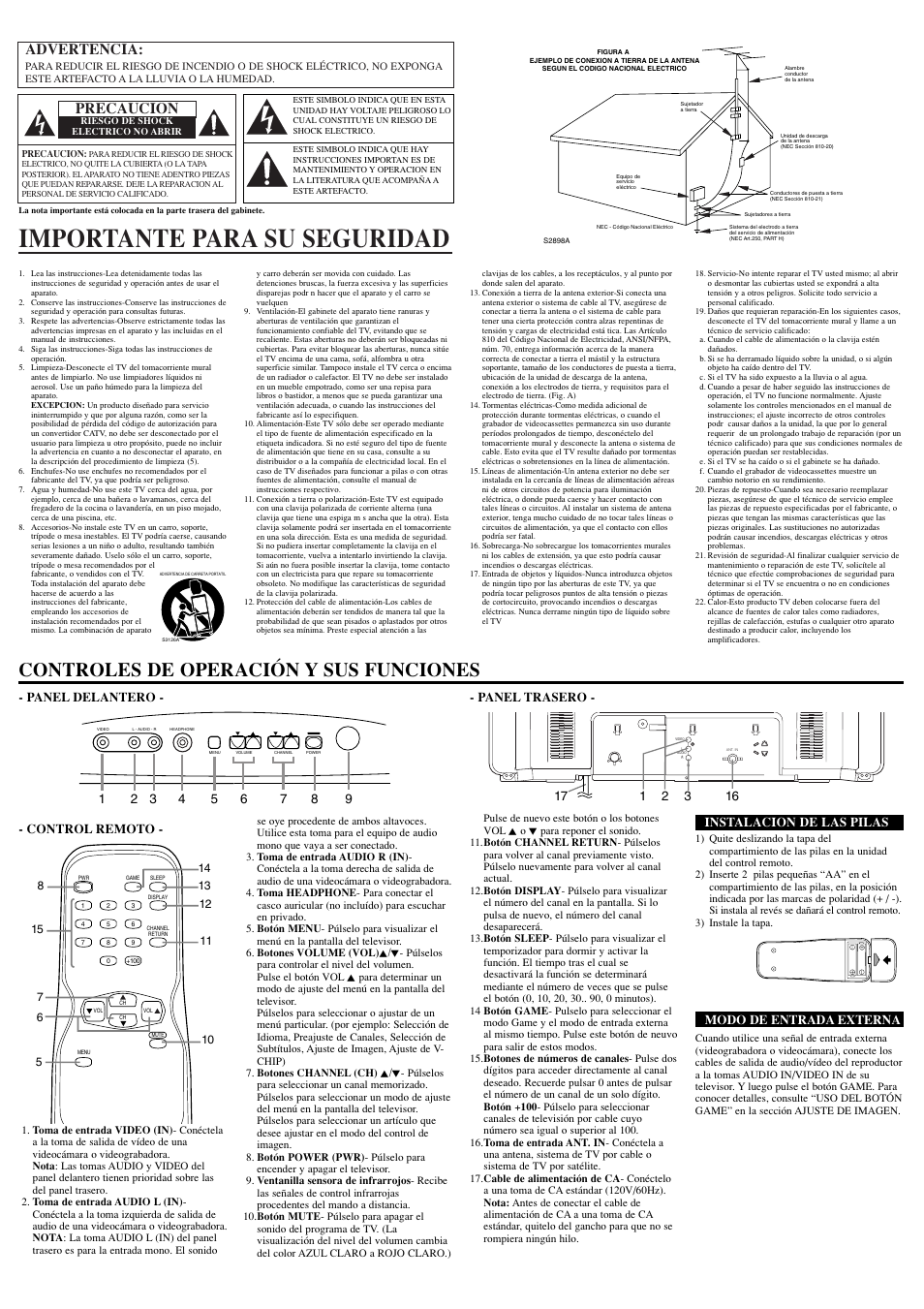Importante para su seguridad, Controles de operación y sus funciones, Advertencia | Precaucion, Panel delantero - - panel trasero, Control remoto, Instalacion de las pilas, Modo de entrada externa | Sylvania 6427TEL User Manual | Page 6 / 8