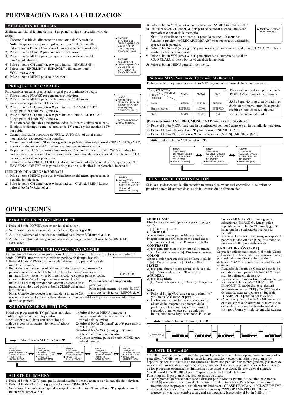 Preparación para la utilización, Operaciones, Selección de idioma | Preajuste de canales, Función de continuación, Para ver un programa de tv, Ajuste del temporizador para dormir, Selección de subtítulos, Ajuste de imagen, Sistema mts (sonido de televisión multicanal) | Sylvania 6427TEL User Manual | Page 7 / 8