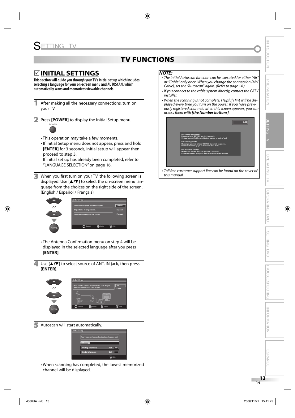 Etting tv, Initial settings, Tv functions | Sylvania LC370SS8 M2 User Manual | Page 13 / 60