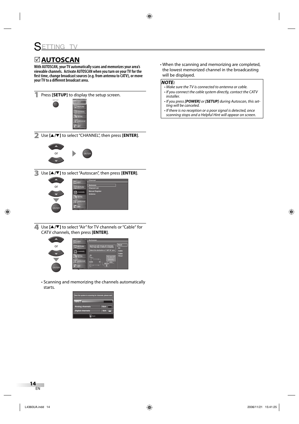 Etting tv, Autoscan, Press [setup] to display the setup screen | Sylvania LC370SS8 M2 User Manual | Page 14 / 60