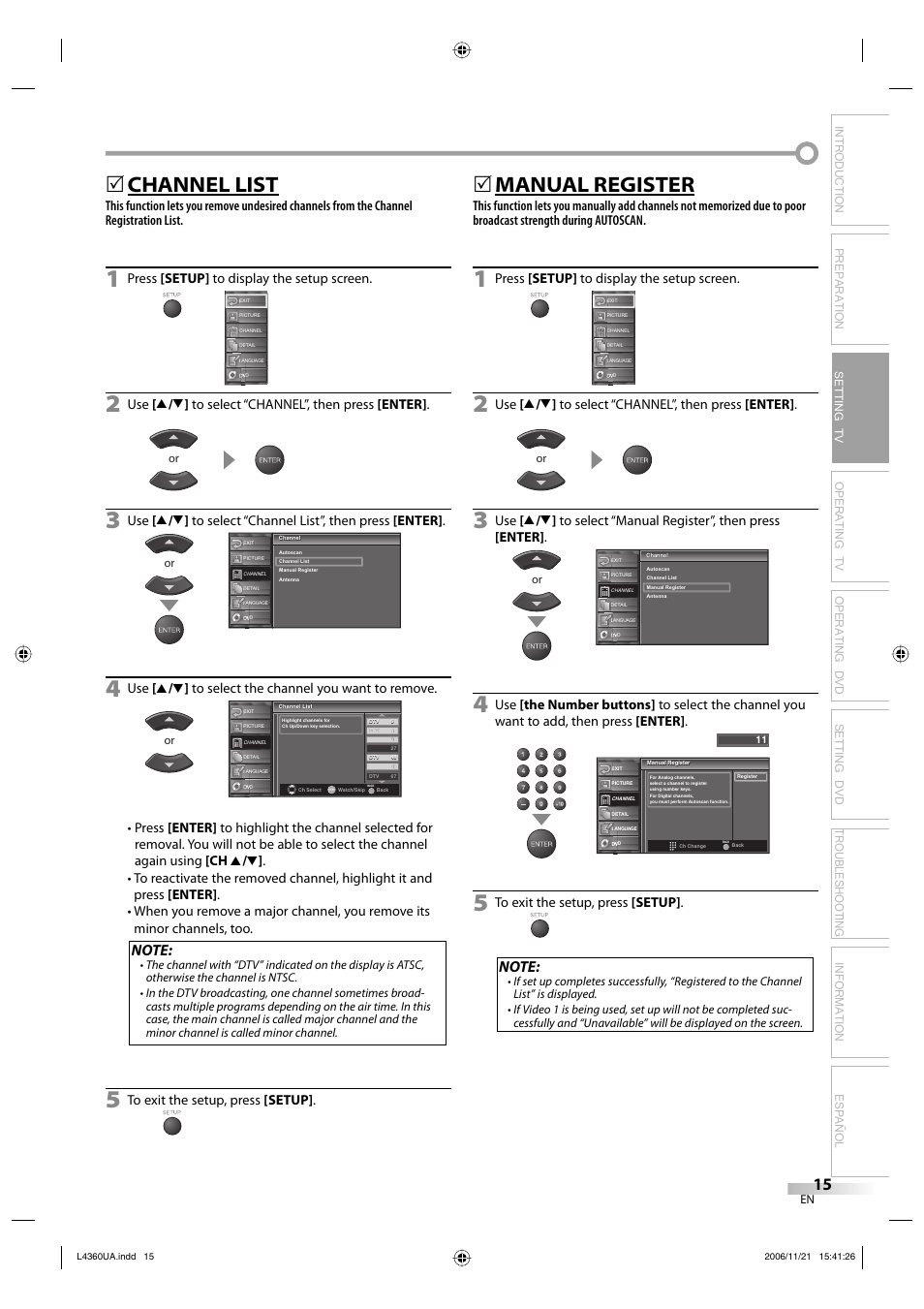 Channel list, 5manual register, Press [setup] to display the setup screen | Sylvania LC370SS8 M2 User Manual | Page 15 / 60