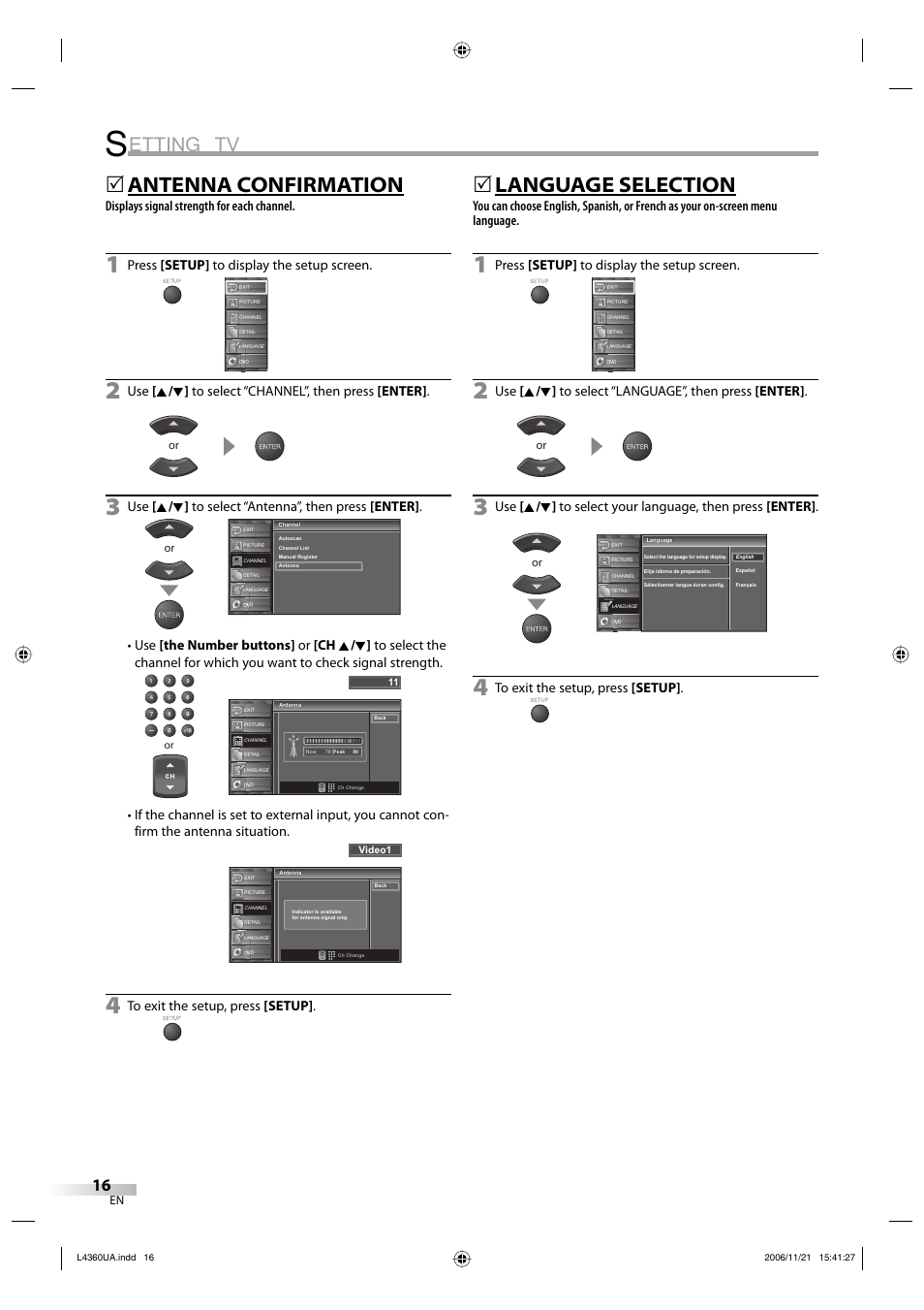 Etting tv, Antenna confirmation, 5language selection | Displays signal strength for each channel, Press [setup] to display the setup screen | Sylvania LC370SS8 M2 User Manual | Page 16 / 60