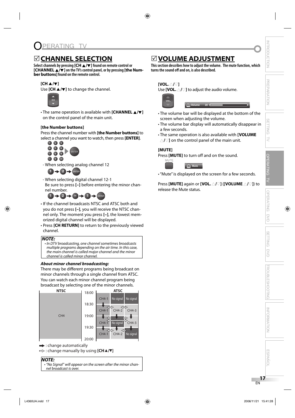 Perating tv, Channel selection, 5volume adjustment | Sylvania LC370SS8 M2 User Manual | Page 17 / 60