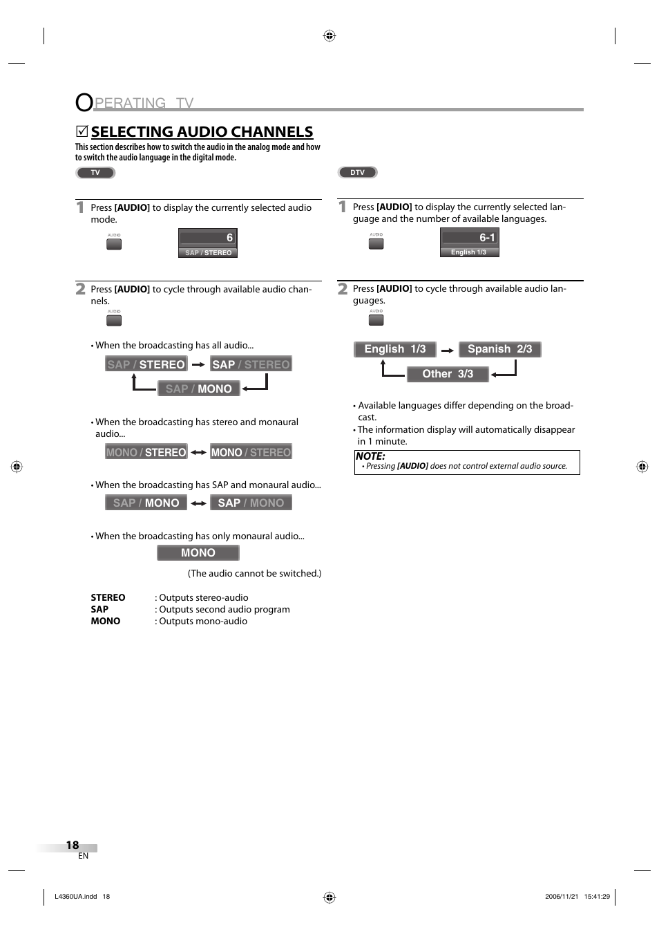 Perating tv, Selecting audio channels | Sylvania LC370SS8 M2 User Manual | Page 18 / 60