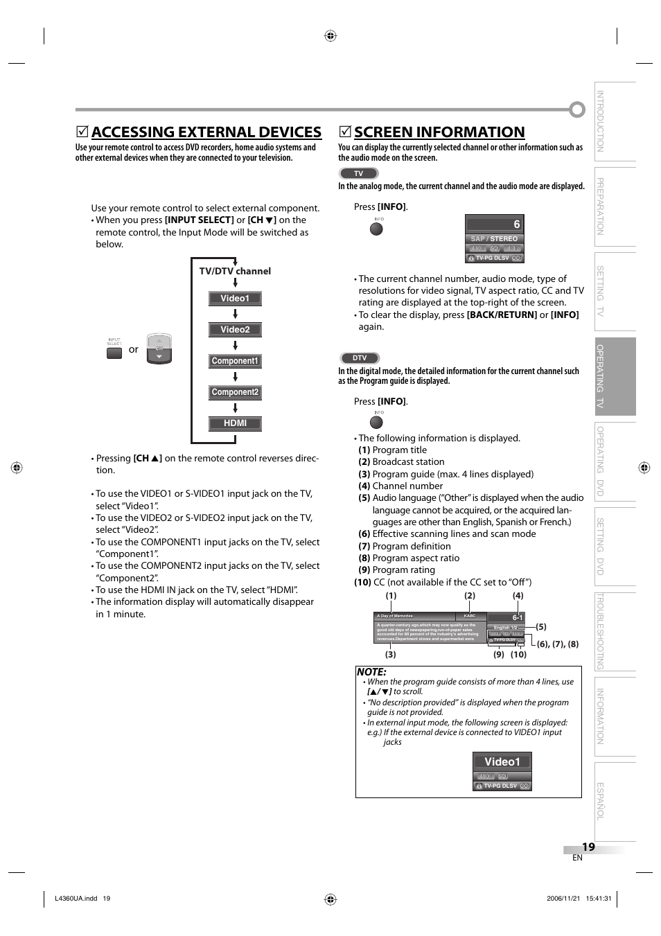 Accessing external devices, 5screen information, Video1 | Sylvania LC370SS8 M2 User Manual | Page 19 / 60