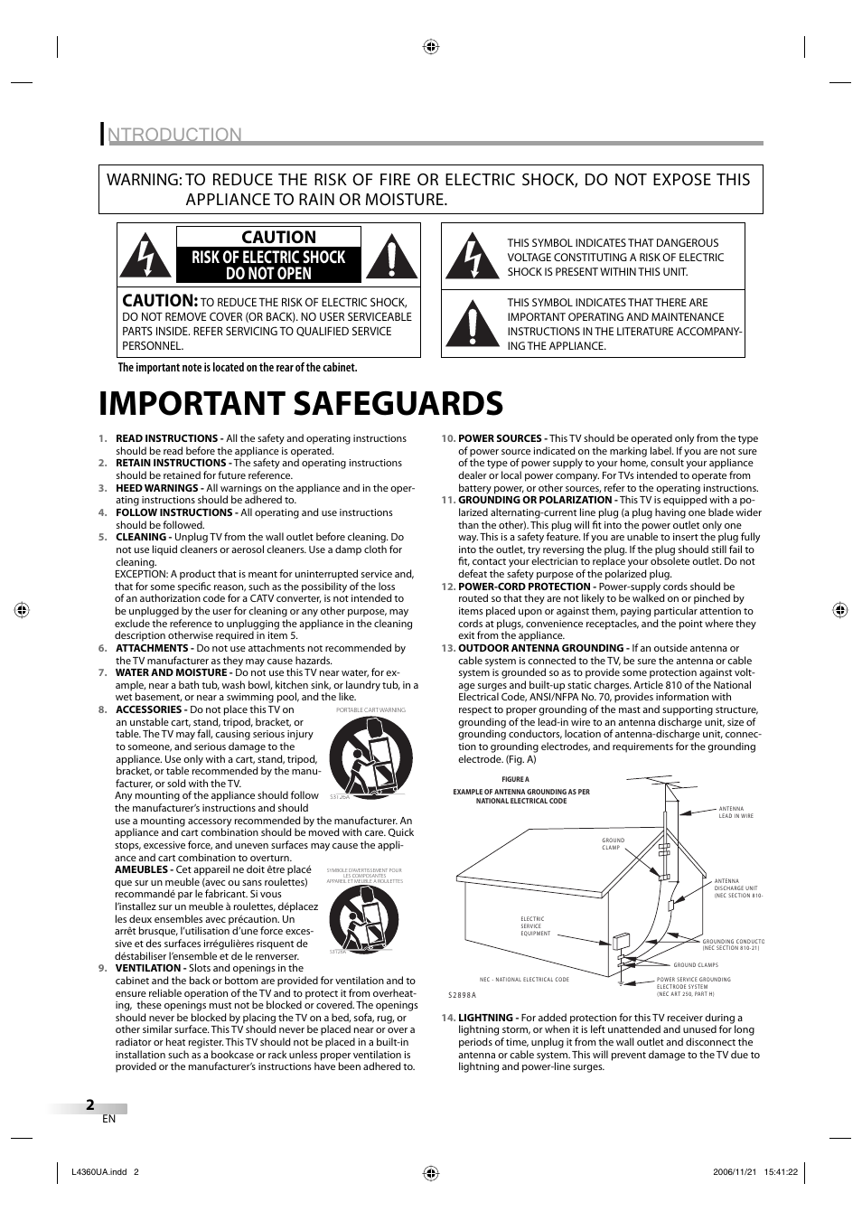 Important safeguards, Ntroduction, Caution | Caution risk of electric shock do not open | Sylvania LC370SS8 M2 User Manual | Page 2 / 60