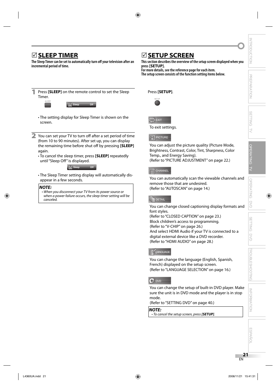 Sleep timer, 5setup screen | Sylvania LC370SS8 M2 User Manual | Page 21 / 60