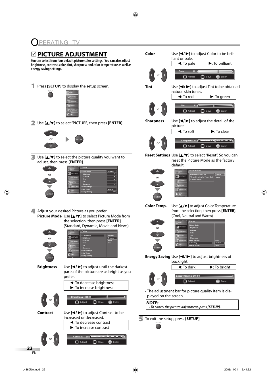 Perating tv, Picture adjustment, Press [setup] to display the setup screen | Sylvania LC370SS8 M2 User Manual | Page 22 / 60