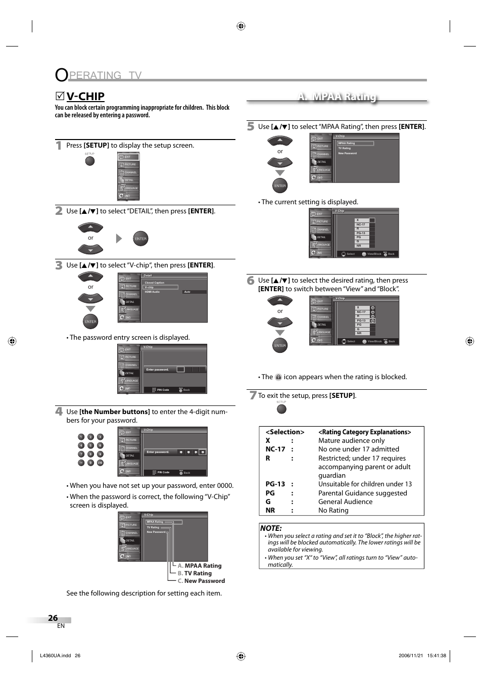 Perating tv, Vchip, 5a. mpaa rating | Press [setup] to display the setup screen, The password entry screen is displayed, The current setting is displayed, The icon appears when the rating is blocked | Sylvania LC370SS8 M2 User Manual | Page 26 / 60