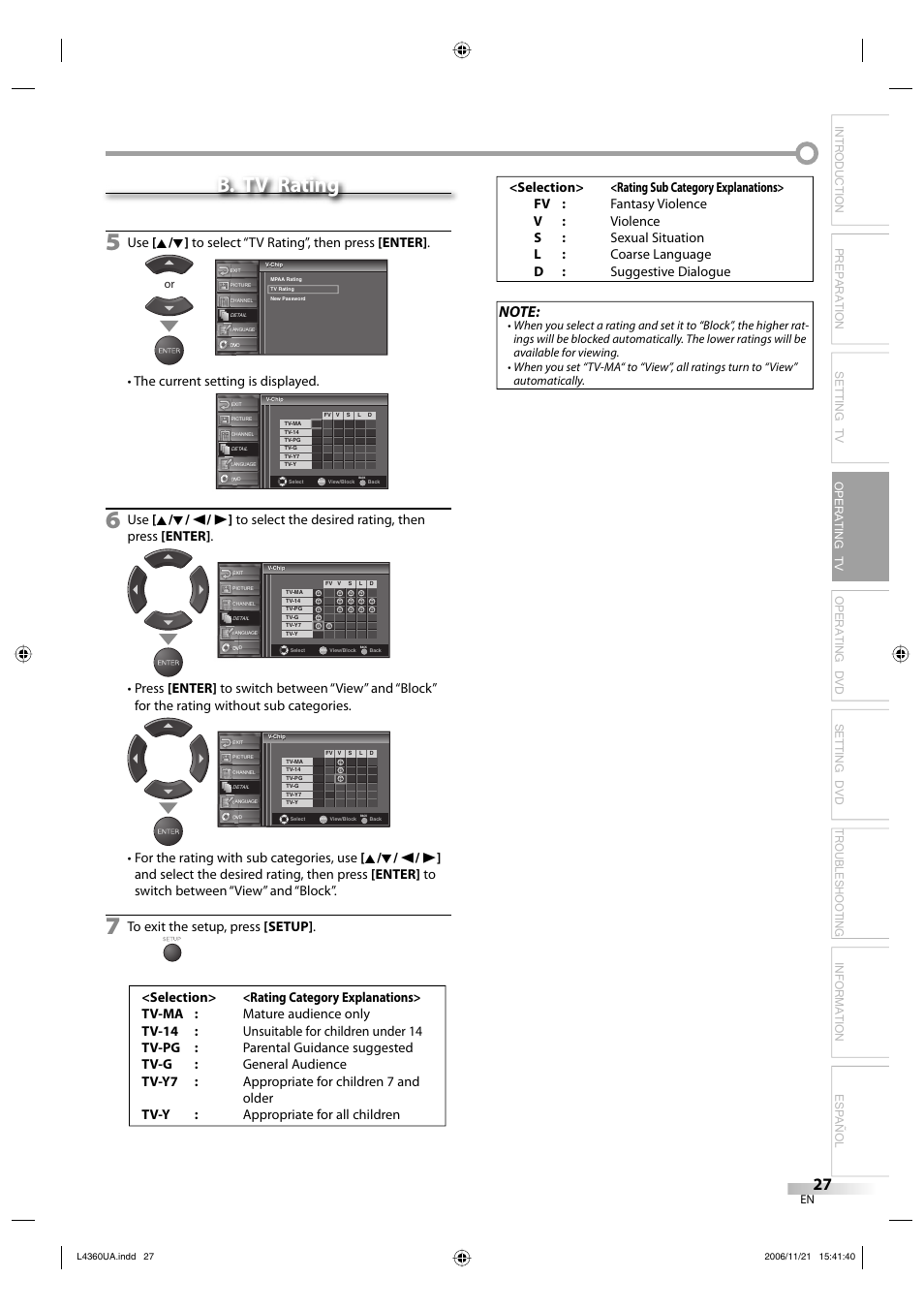 B. tv rating, The current setting is displayed | Sylvania LC370SS8 M2 User Manual | Page 27 / 60