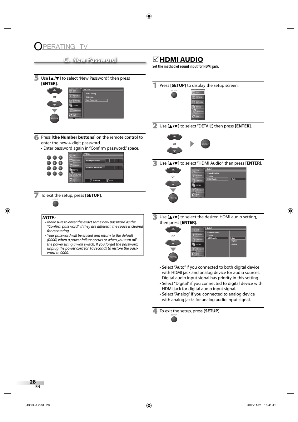 Perating tv, C. new password, Hdmi audio | Set the method of sound input for hdmi jack, Press [setup] to display the setup screen | Sylvania LC370SS8 M2 User Manual | Page 28 / 60