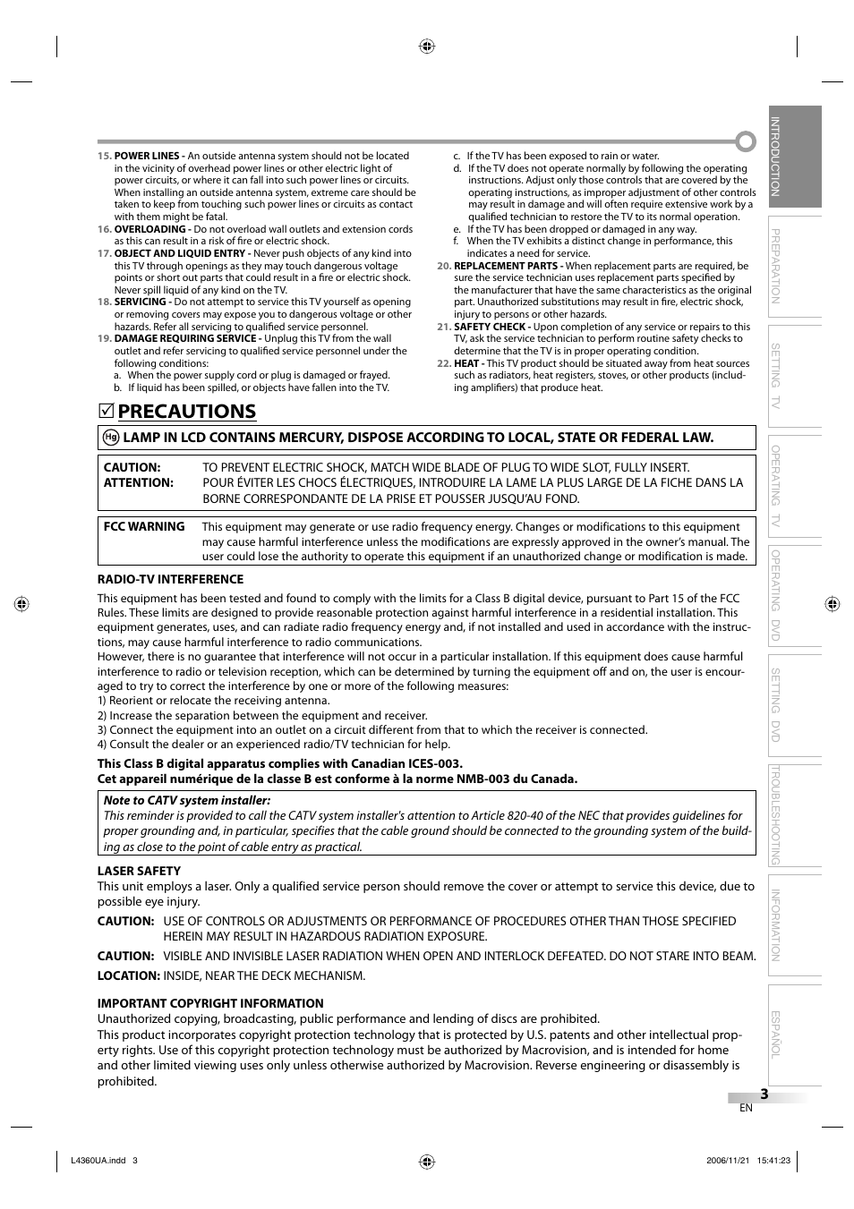 Precautions | Sylvania LC370SS8 M2 User Manual | Page 3 / 60