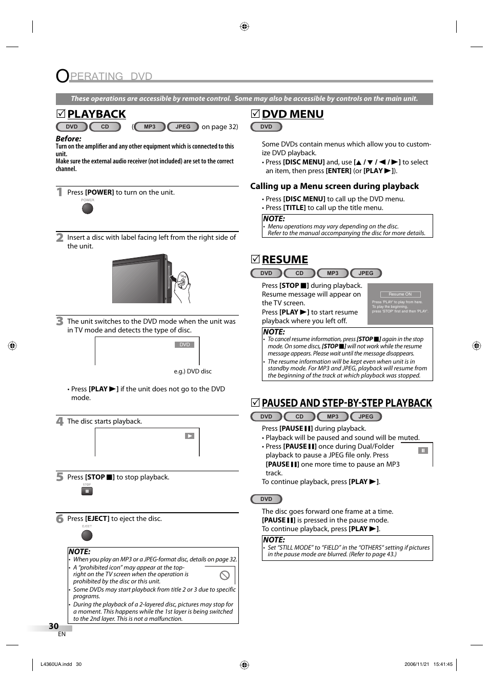 Perating dvd, Playback, 5dvd menu | Resume, Paused and stepbystep playback | Sylvania LC370SS8 M2 User Manual | Page 30 / 60