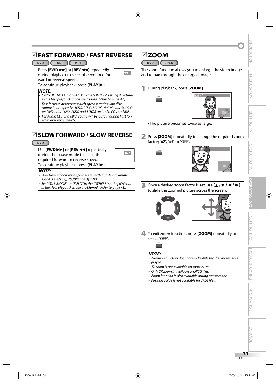 Fast forward / fast reverse, Slow forward / slow reverse, 5zoom | Sylvania LC370SS8 M2 User Manual | Page 31 / 60