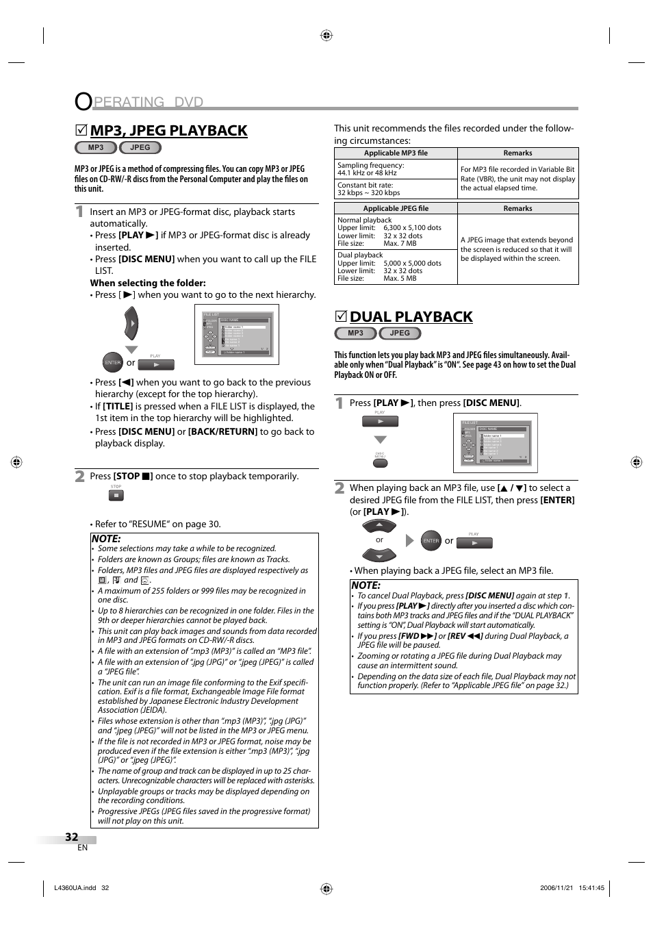 Perating dvd, Mp3, jpeg playback, Dual playback | Sylvania LC370SS8 M2 User Manual | Page 32 / 60