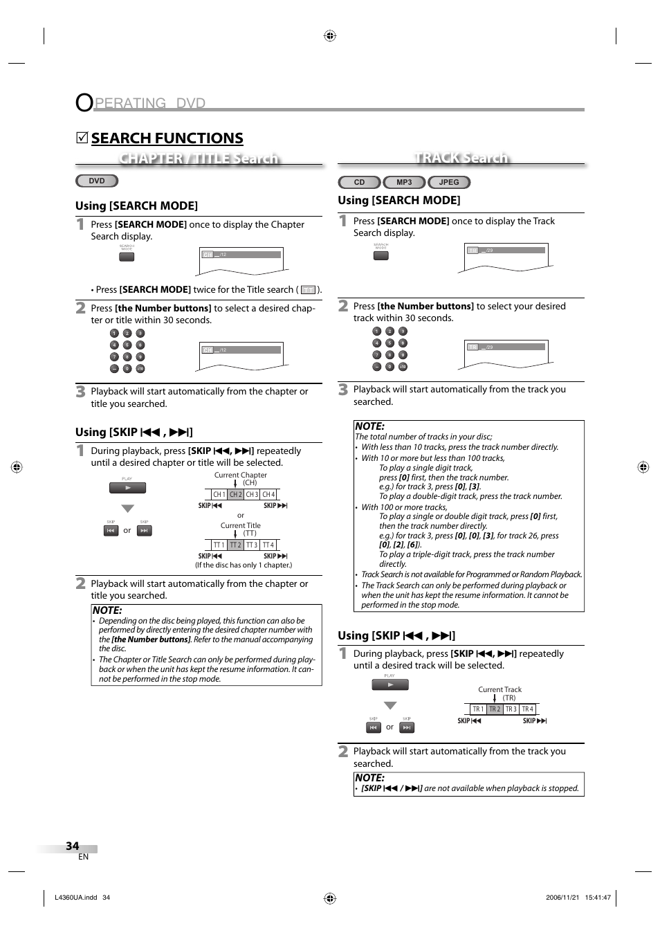 Perating dvd, Search functions chapter / title search, 5track search | Sylvania LC370SS8 M2 User Manual | Page 34 / 60