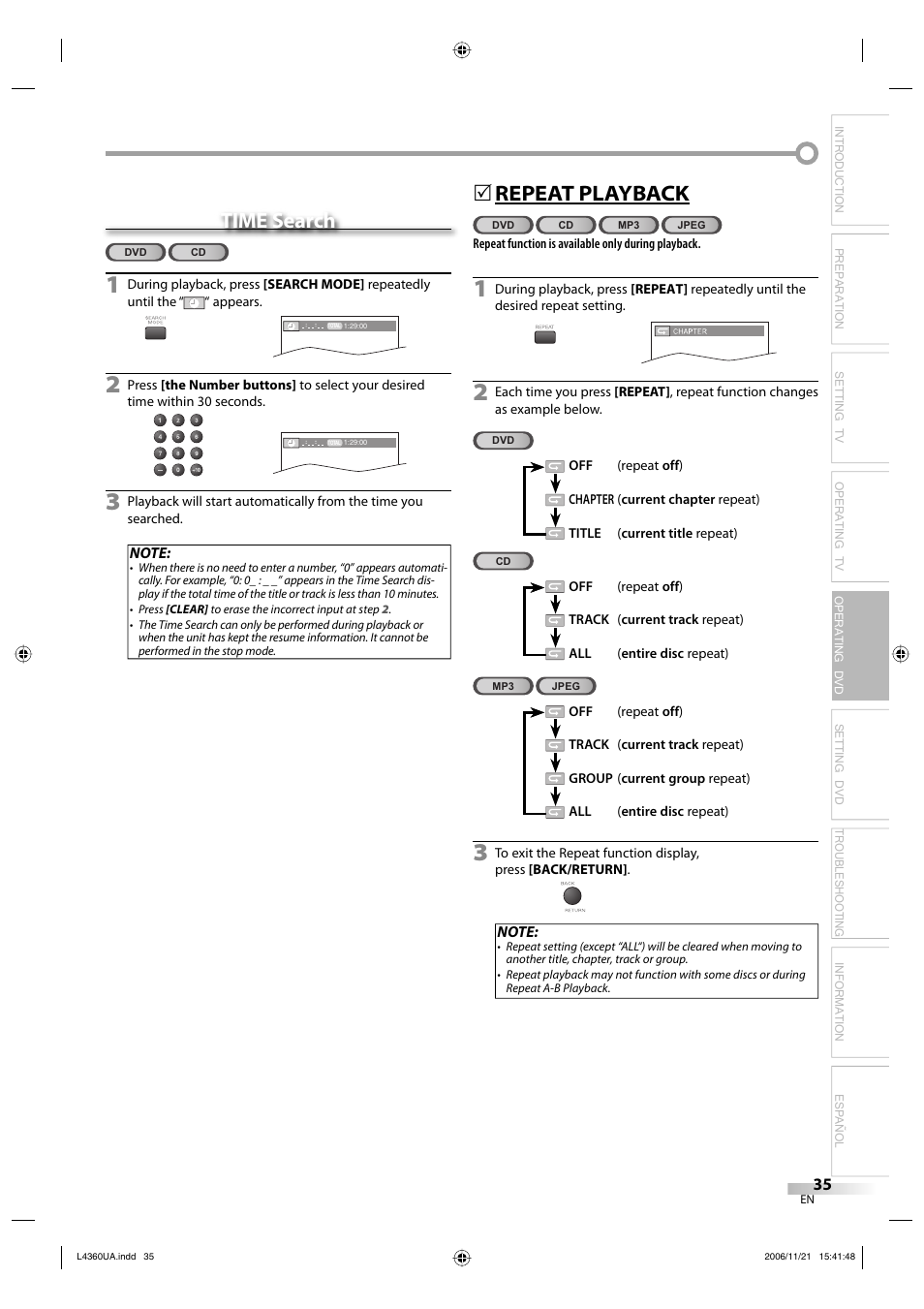 Time search, Repeat playback | Sylvania LC370SS8 M2 User Manual | Page 35 / 60