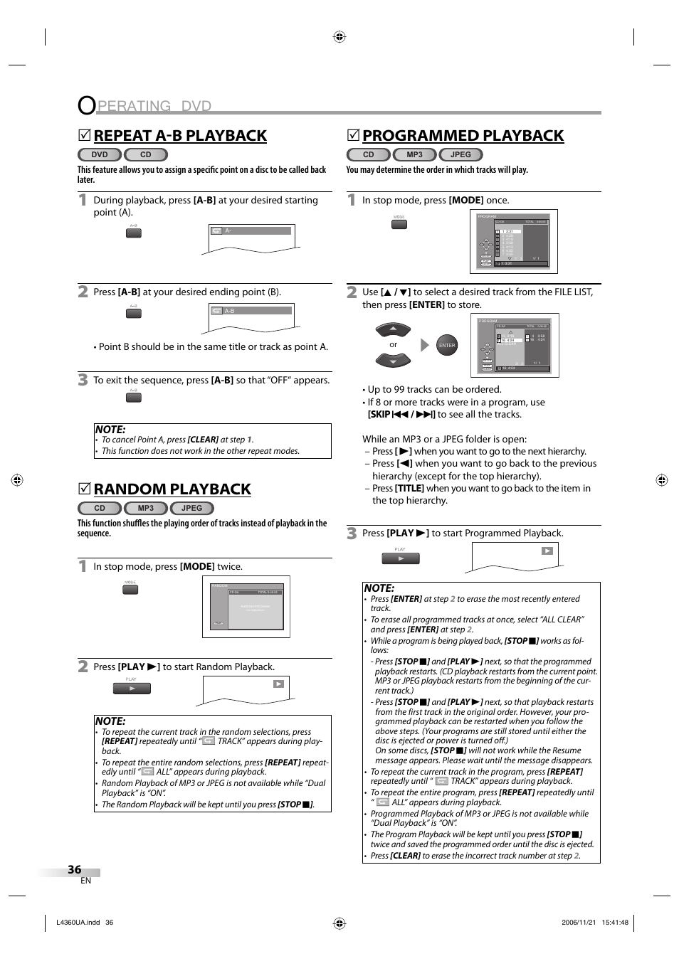 Perating dvd, Repeat ab playback, Random playback | 5programmed playback | Sylvania LC370SS8 M2 User Manual | Page 36 / 60