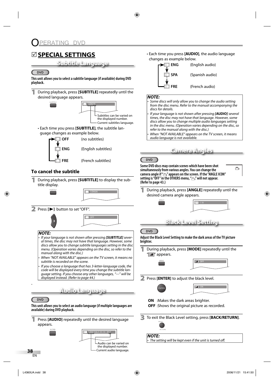 Perating dvd, Special settings subtitle language, Audio language | Camera angles, Black level setting | Sylvania LC370SS8 M2 User Manual | Page 38 / 60
