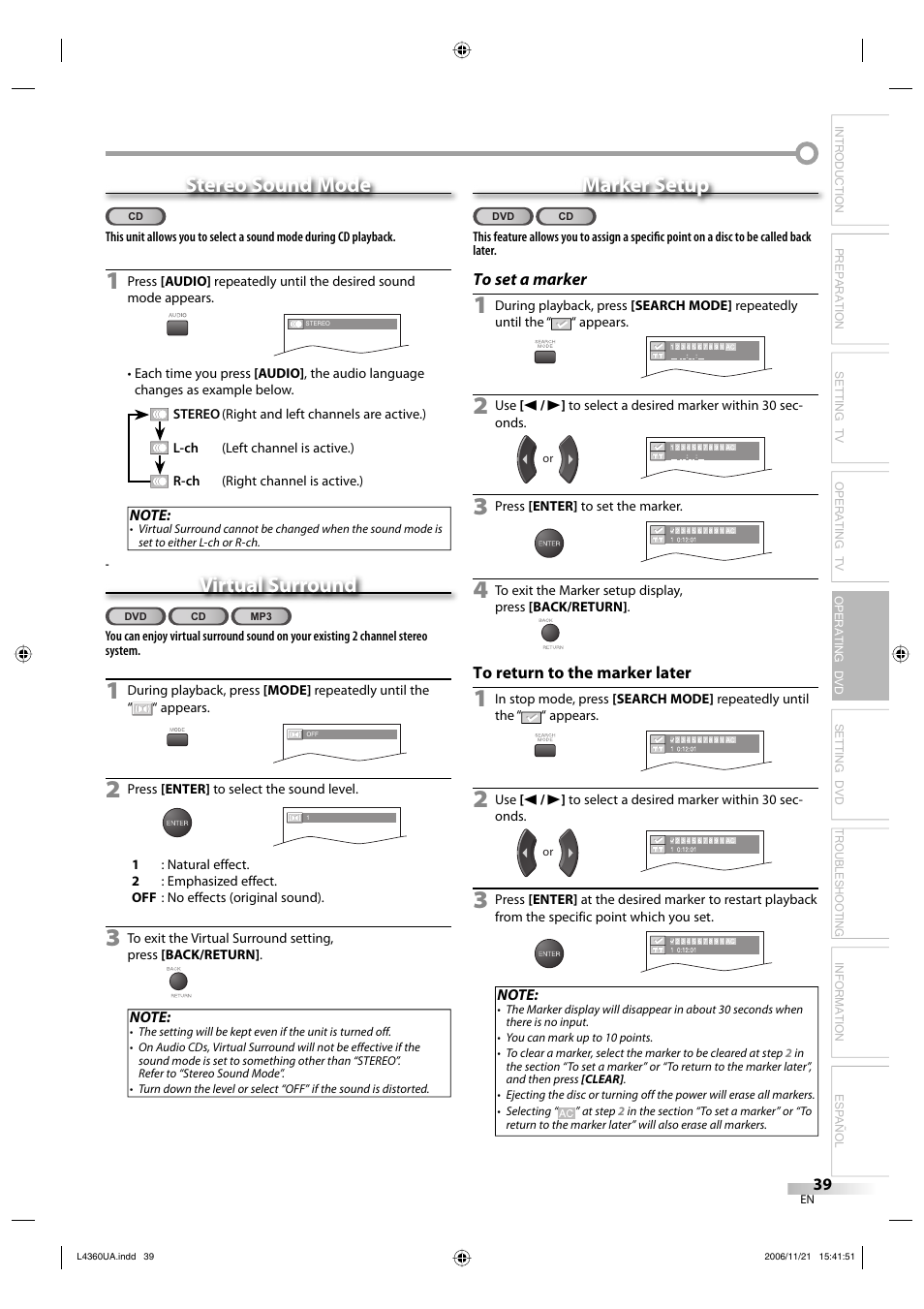 Stereo sound mode, Virtual surround, Marker setup | Sylvania LC370SS8 M2 User Manual | Page 39 / 60