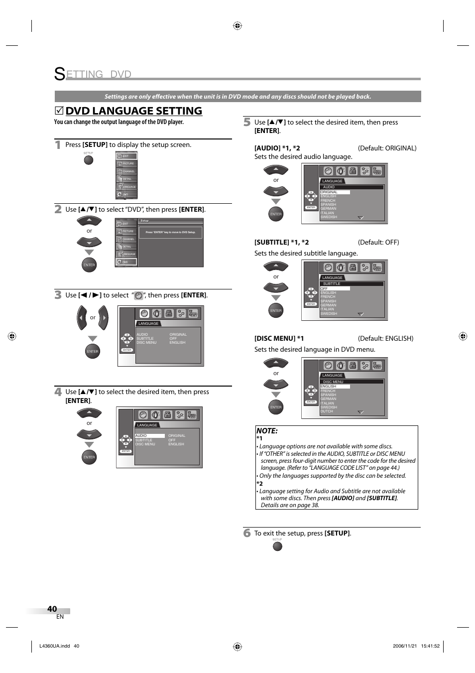 Etting dvd, Dvd language setting | Sylvania LC370SS8 M2 User Manual | Page 40 / 60