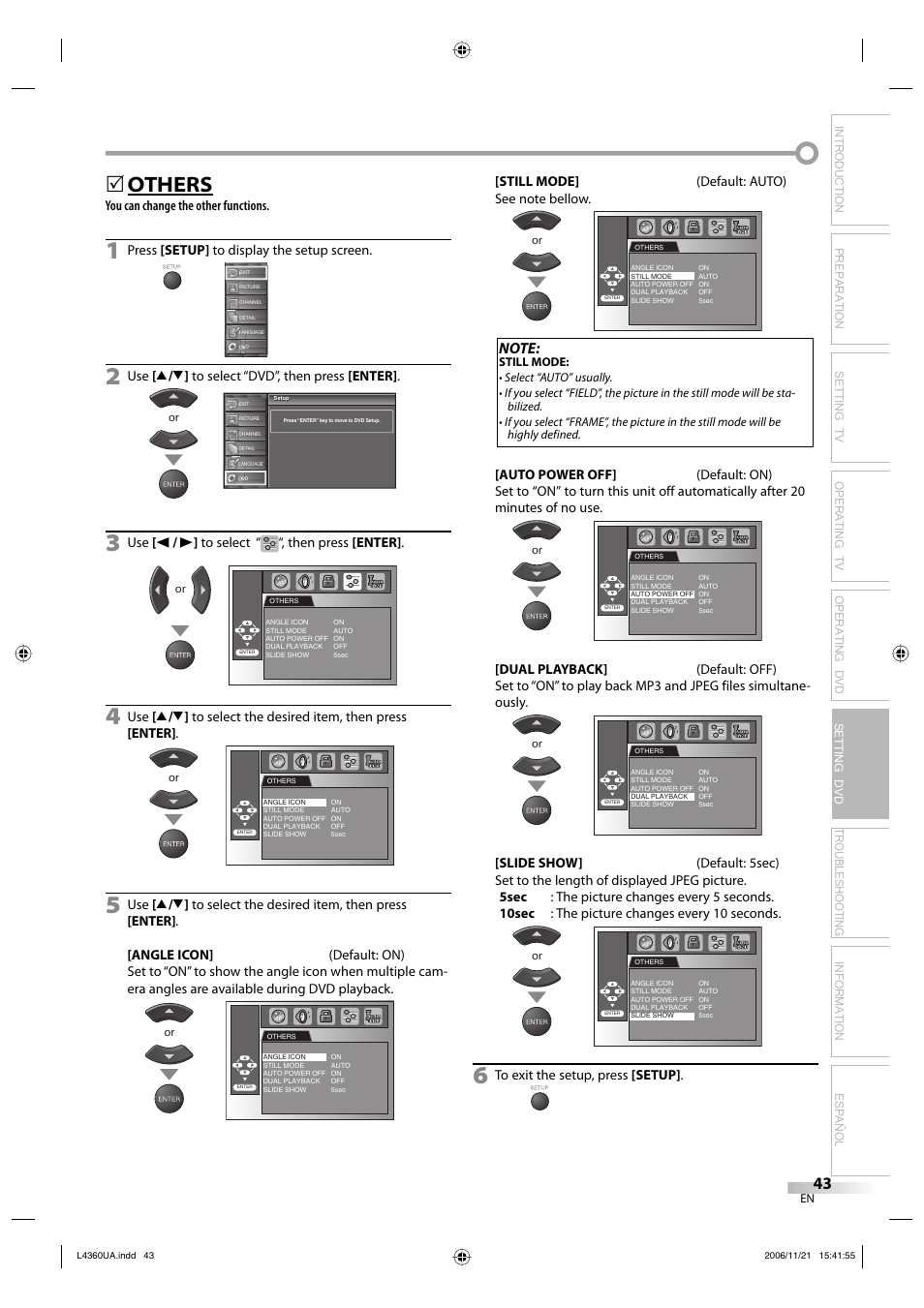 Others, You can change the other functions, Press [setup] to display the setup screen | Use [ k / l ] to select “dvd”, then press [enter, Use [ s / b ] to select “ “, then press [enter | Sylvania LC370SS8 M2 User Manual | Page 43 / 60