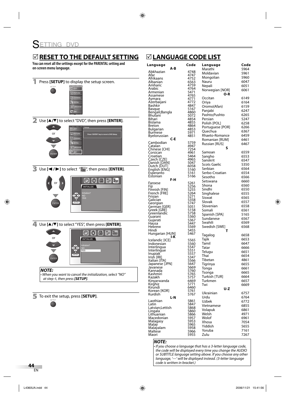 Etting dvd, Reset to the default setting, 5language code list | Sylvania LC370SS8 M2 User Manual | Page 44 / 60