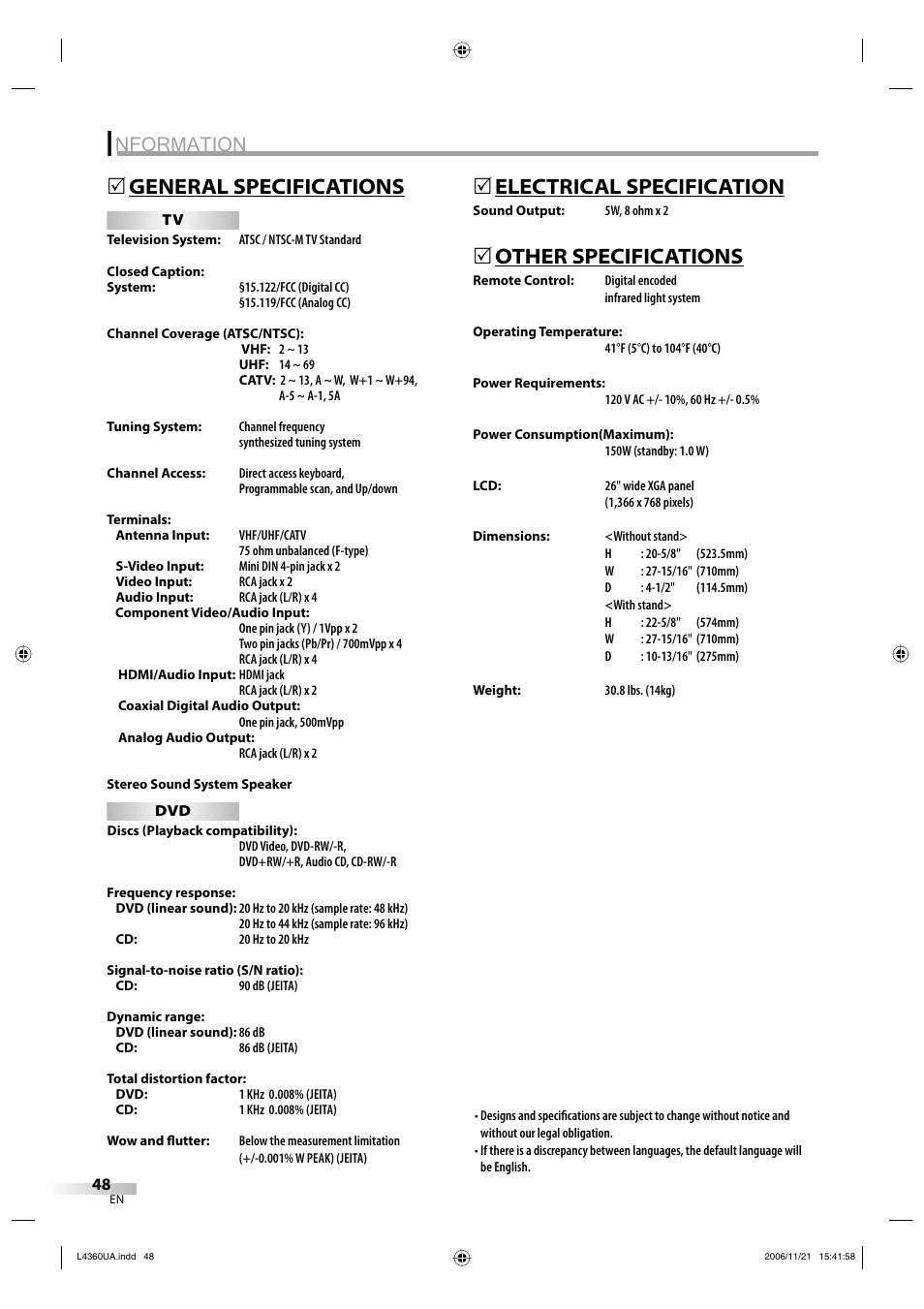 Nformation, General specifications, 5electrical specification | Other specifications | Sylvania LC370SS8 M2 User Manual | Page 48 / 60