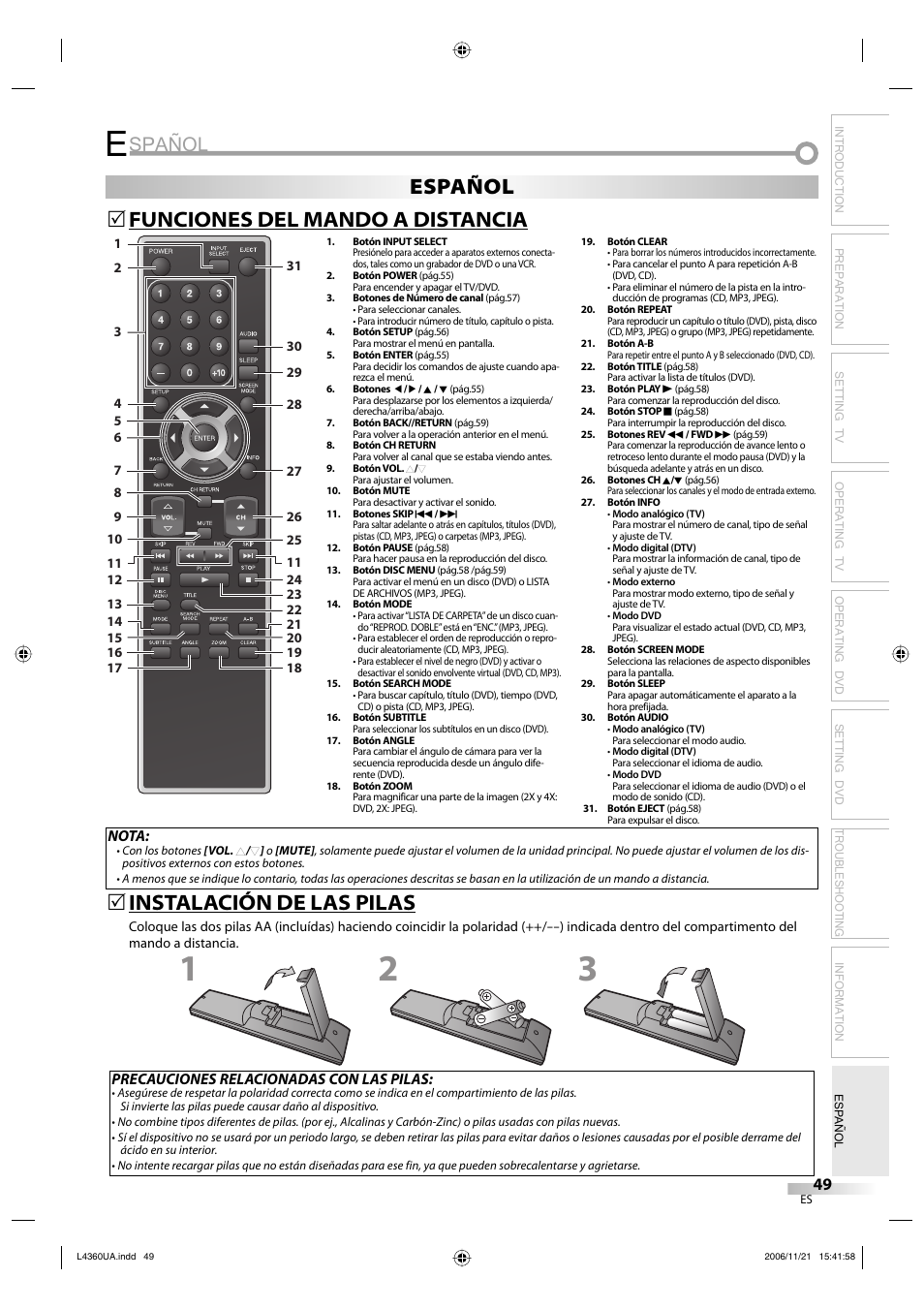 Spañol, Funciones del mando a distancia 5, Instalación de las pilas | 5español | Sylvania LC370SS8 M2 User Manual | Page 49 / 60