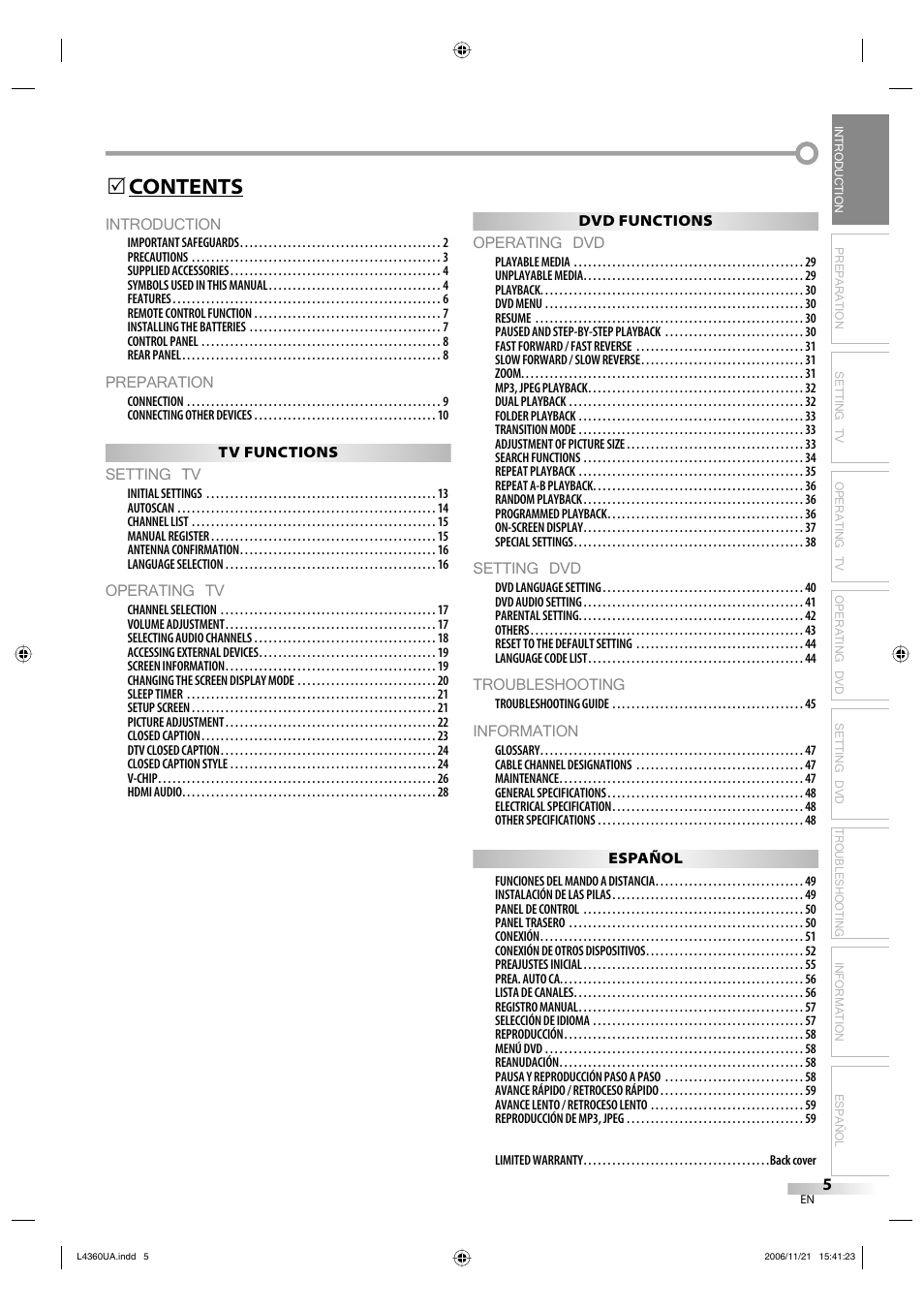 Introduction, Preparation, Setting tv | Operating tv, Operating dvd, Setting dvd, Troubleshooting, Information, Contents 5 | Sylvania LC370SS8 M2 User Manual | Page 5 / 60