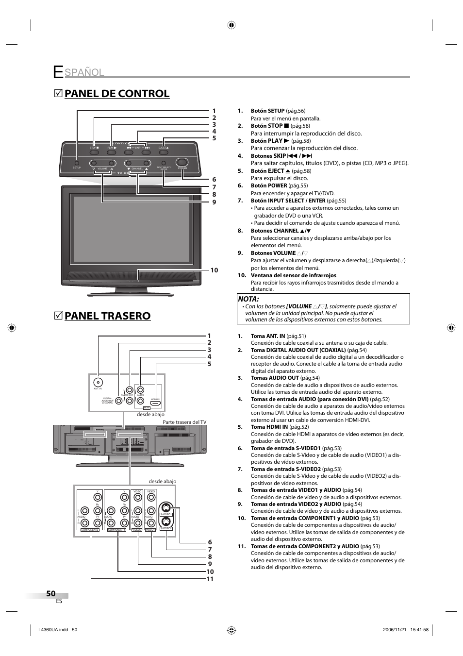 Spañol, Panel de control 5 panel trasero 5, Nota | Sylvania LC370SS8 M2 User Manual | Page 50 / 60