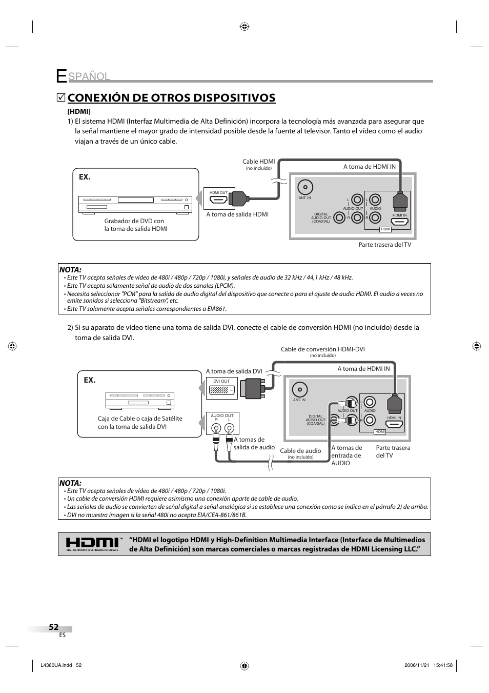 Spañol, Conexión de otros dispositivos, Ex. nota | Sylvania LC370SS8 M2 User Manual | Page 52 / 60