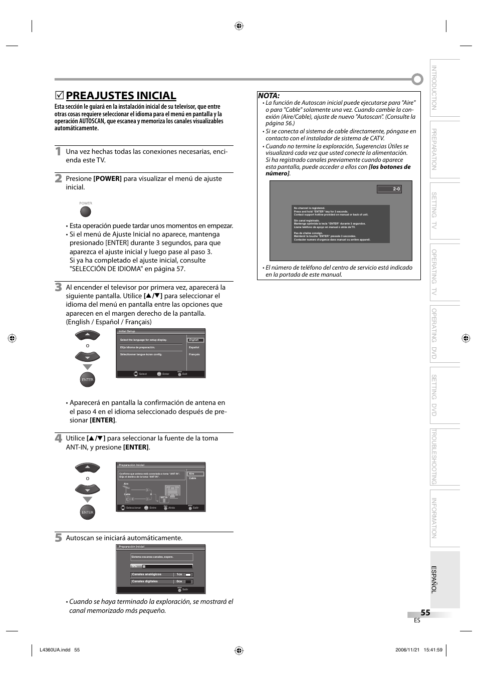 Preajustes inicial, Nota, Autoscan se iniciará automáticamente | Sylvania LC370SS8 M2 User Manual | Page 55 / 60