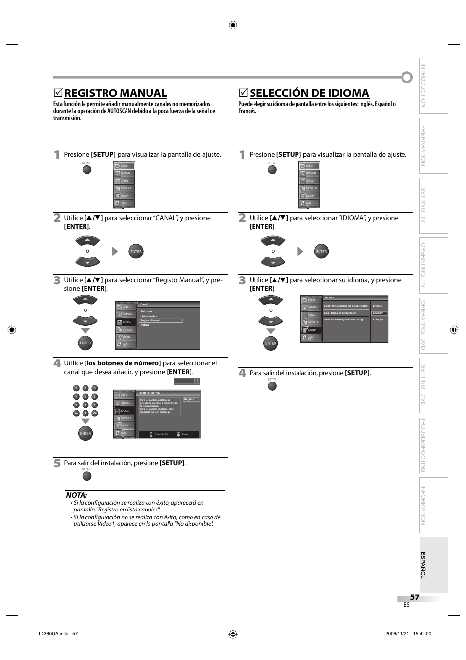 Registro manual, 5selección de idioma, Nota | Sylvania LC370SS8 M2 User Manual | Page 57 / 60