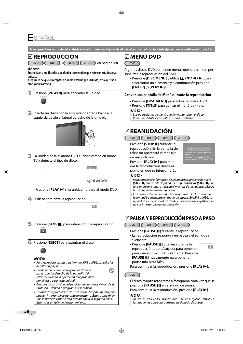Spañol, Reproducción, 5menú dvd | Reanudación, Pausa y reproducción paso a paso | Sylvania LC370SS8 M2 User Manual | Page 58 / 60