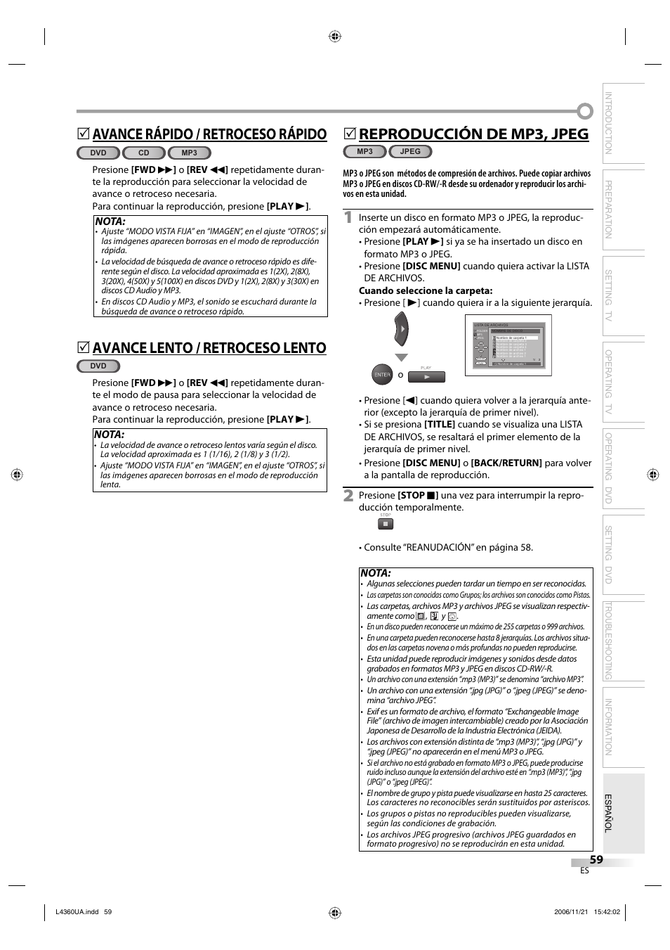 Avance rápido / retroceso rápido, Avance lento / retroceso lento, 5reproducción de mp3, jpeg | Nota | Sylvania LC370SS8 M2 User Manual | Page 59 / 60