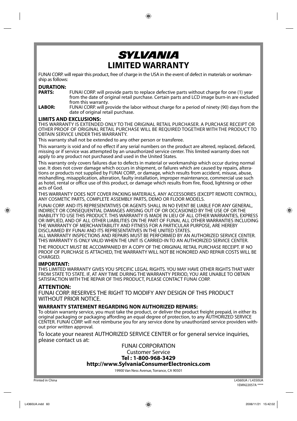 Limited warranty | Sylvania LC370SS8 M2 User Manual | Page 60 / 60