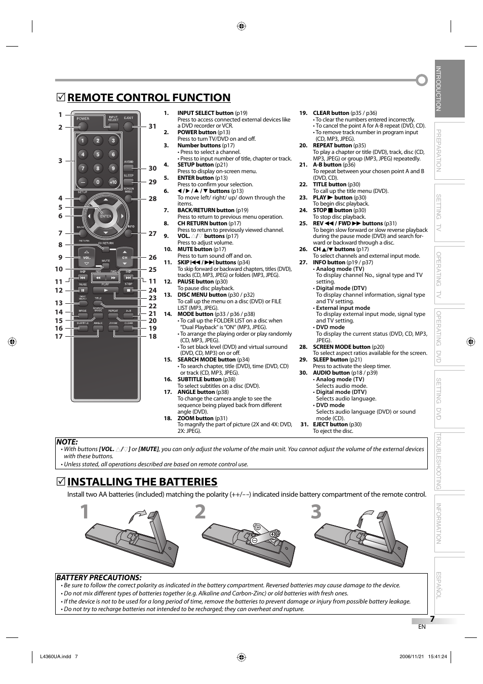 Remote control function 5, Installing the batteries | Sylvania LC370SS8 M2 User Manual | Page 7 / 60