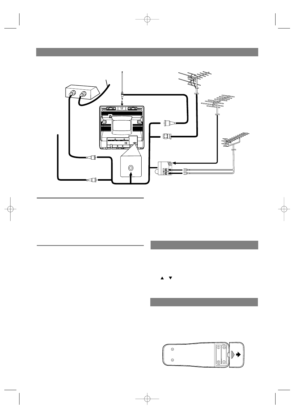 Conexiones de antena/cable, Modo de entrada externa, Instalación de las pilas | Antena combinada de vhf/uhf, Antenas separadas de vhf/uhf | Sylvania 6313CB User Manual | Page 30 / 32