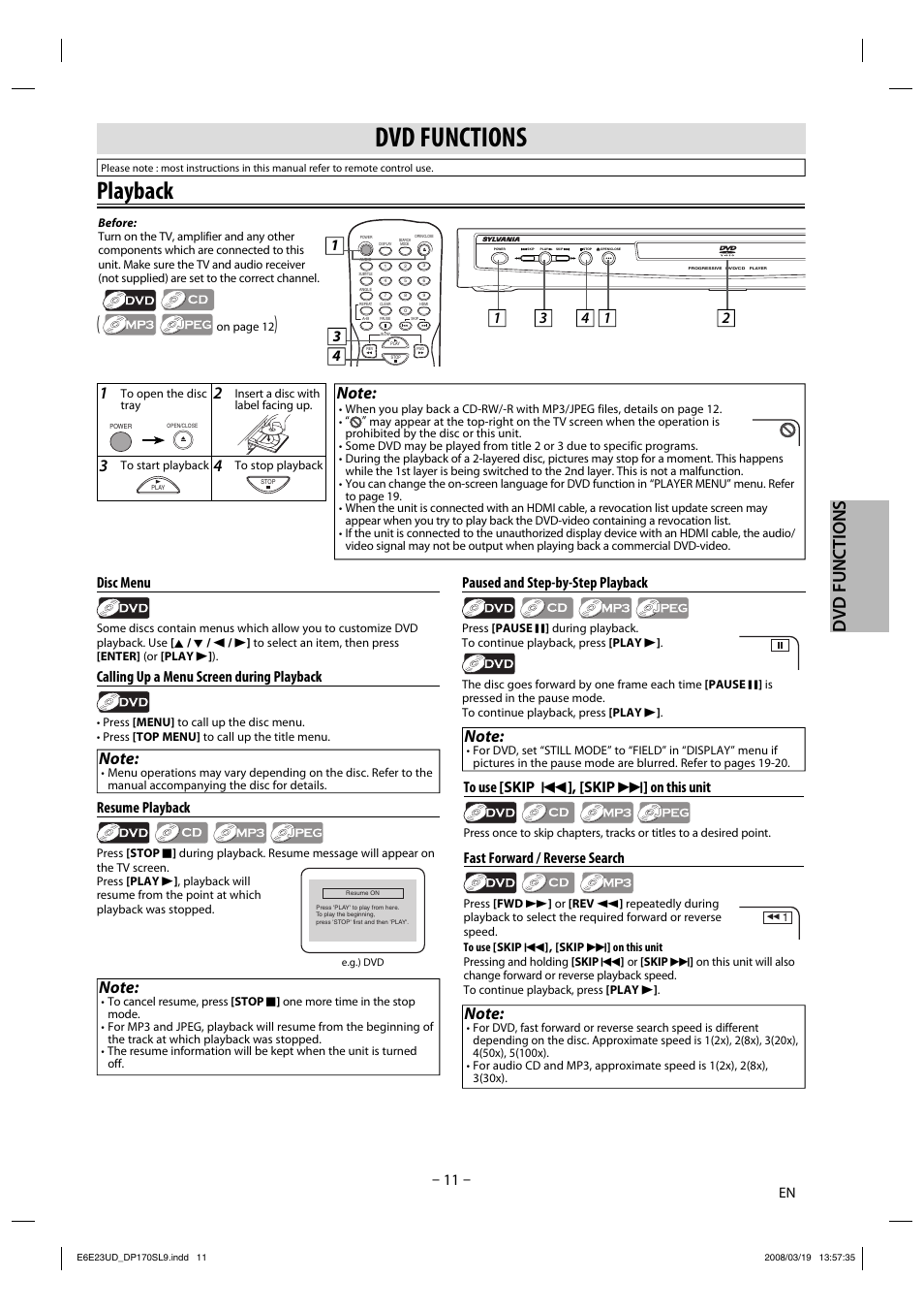 Playback, Dvd functions, Paused and step-by-step playback | Fast forward / reverse search, Resume playback, Disc menu, Calling up a menu screen during playback | Sylvania DP170SL9 User Manual | Page 11 / 28