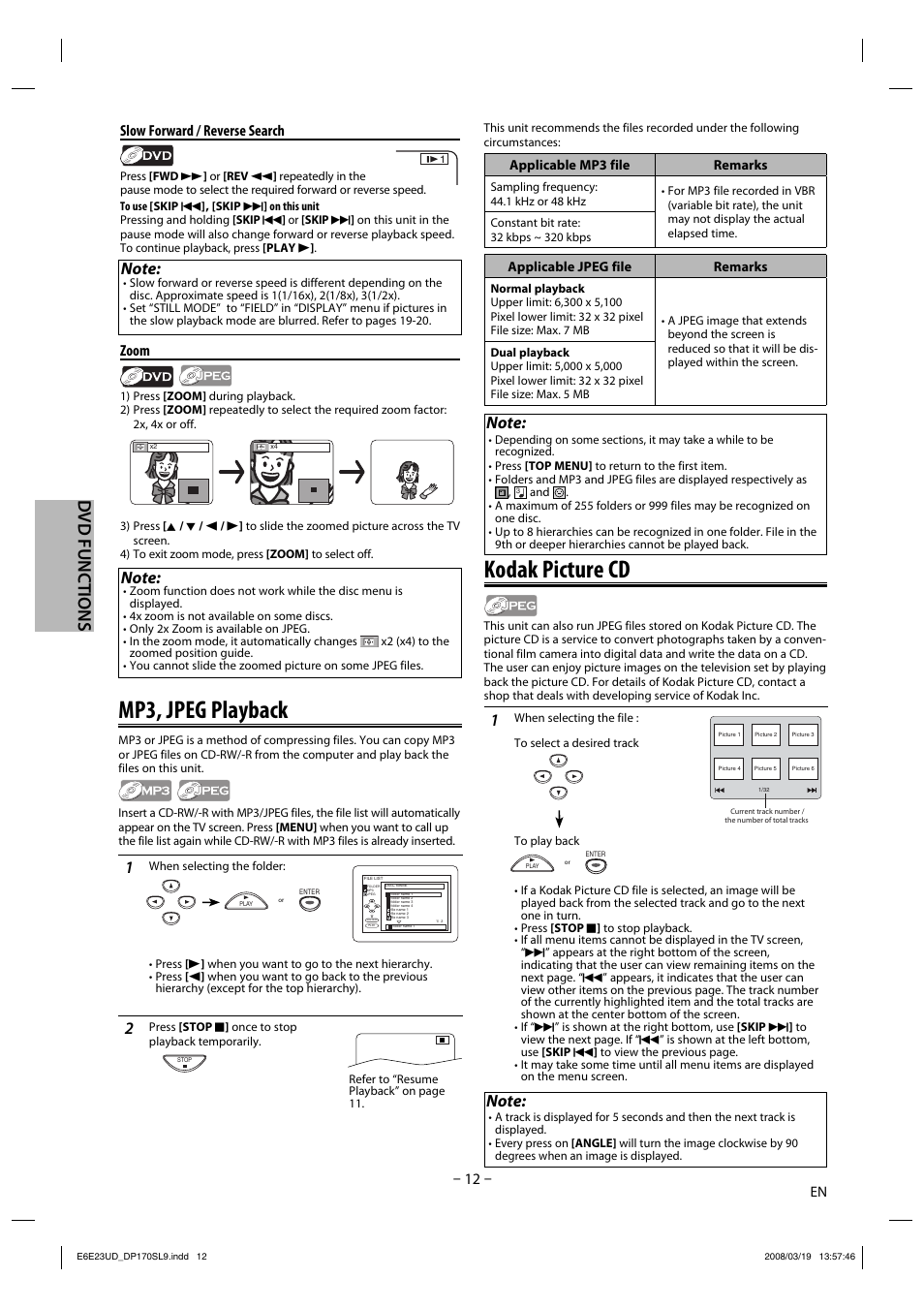 Mp3, jpeg playback, Kodak picture cd, Dvd functions | Zoom, Slow forward / reverse search | Sylvania DP170SL9 User Manual | Page 12 / 28
