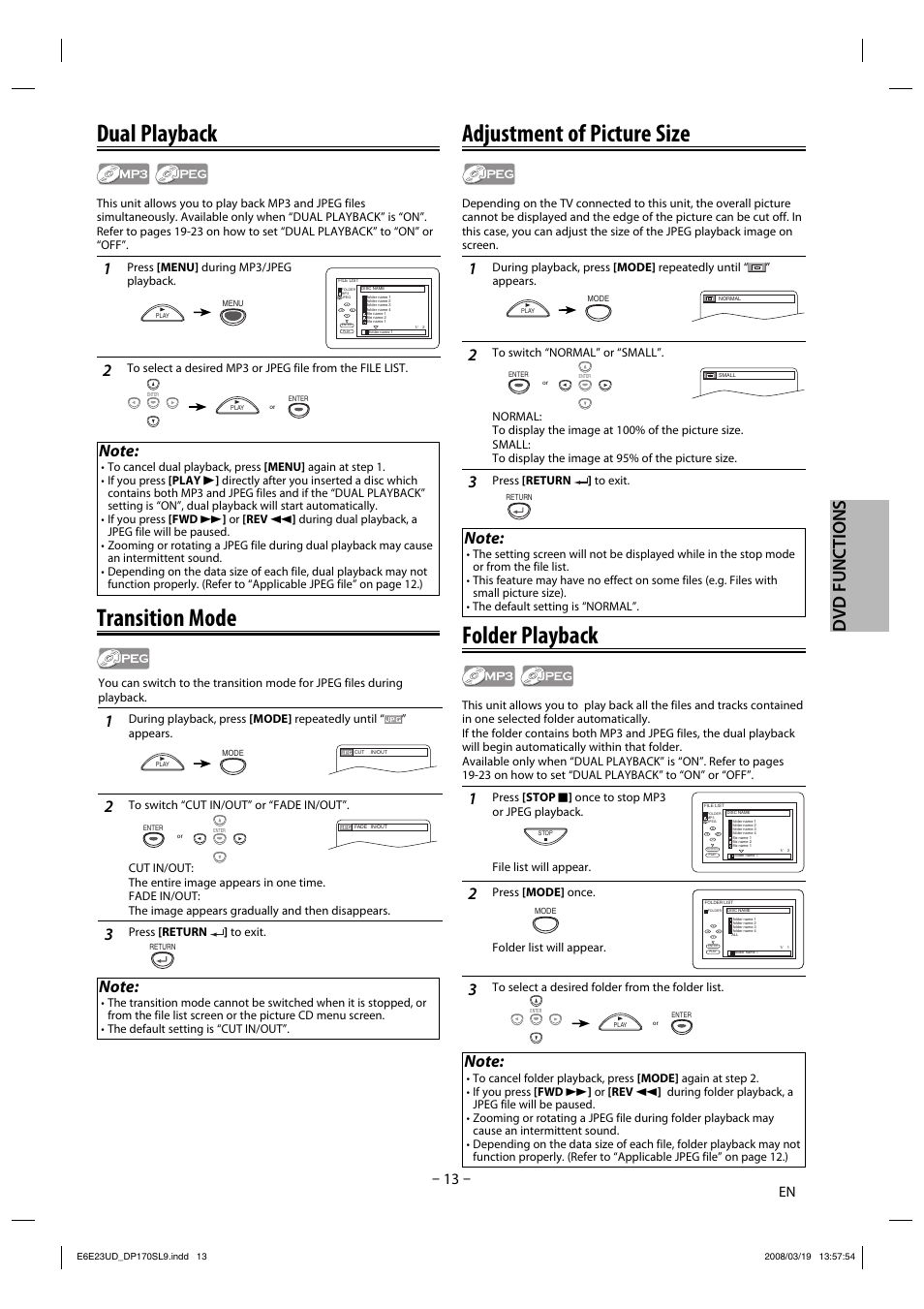 Dual playback, Transition mode, Adjustment of picture size | Folder playback, Dvd functions | Sylvania DP170SL9 User Manual | Page 13 / 28
