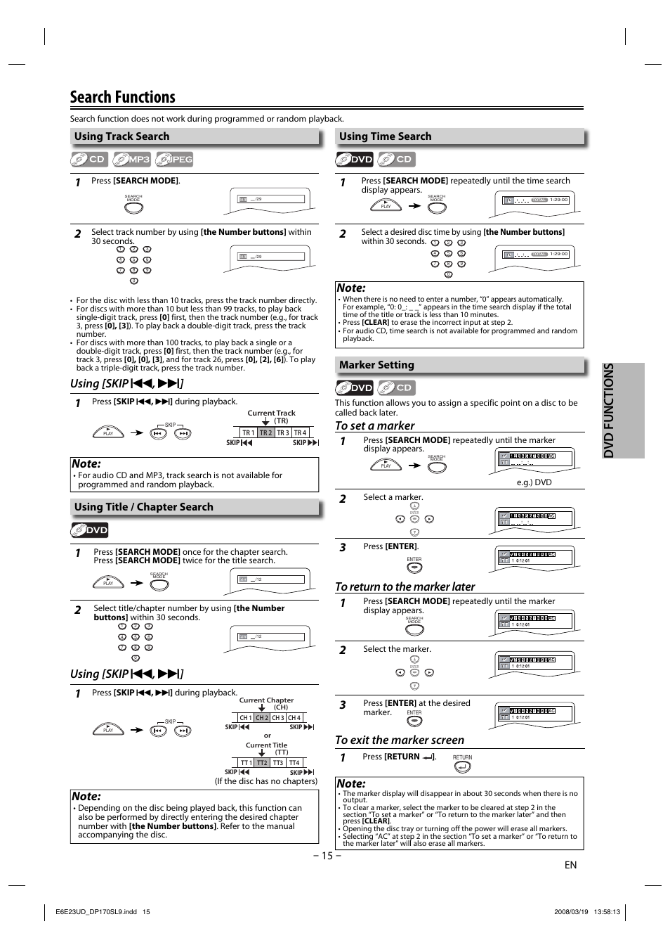 Search functions, Dvd functions, Using [skip | Using track search, Using time search, Marker setting, Using title / chapter search | Sylvania DP170SL9 User Manual | Page 15 / 28