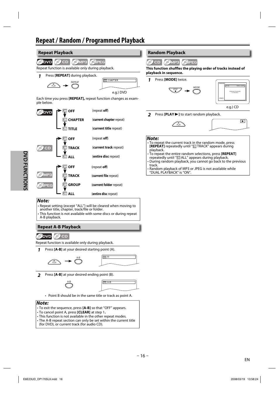 Repeat / random / programmed playback, Dvd functions, Repeat playback | Repeat a-b playback, Random playback | Sylvania DP170SL9 User Manual | Page 16 / 28