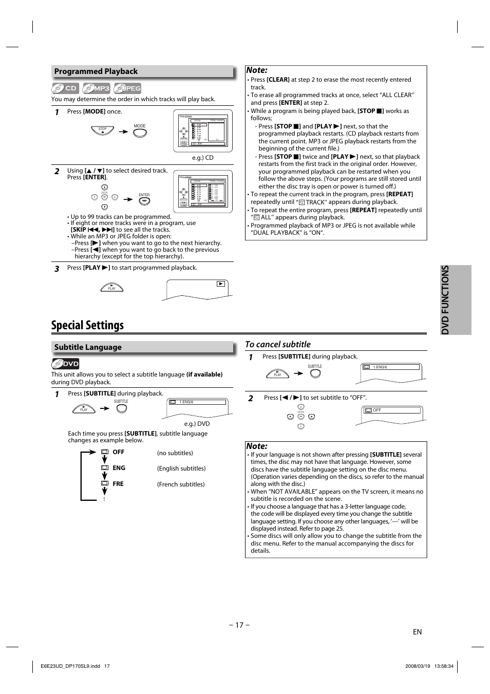 Special settings, Dvd functions, Subtitle language | Programmed playback | Sylvania DP170SL9 User Manual | Page 17 / 28